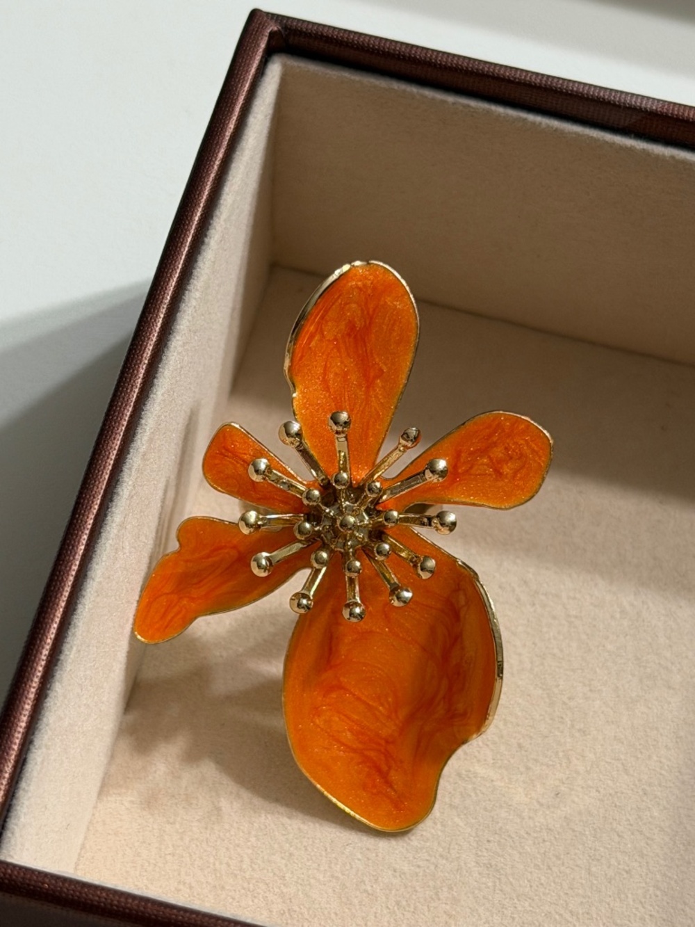 Vintage Golden Orange Asymmetrical Exaggerated Flower Enamel Adjustable Ring